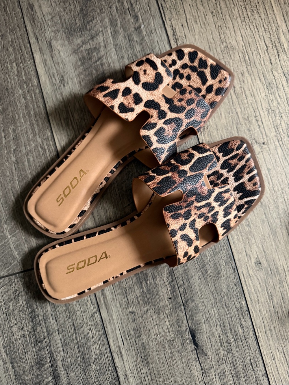 Soda Leopard Print Slide Sandals in Brown and Black